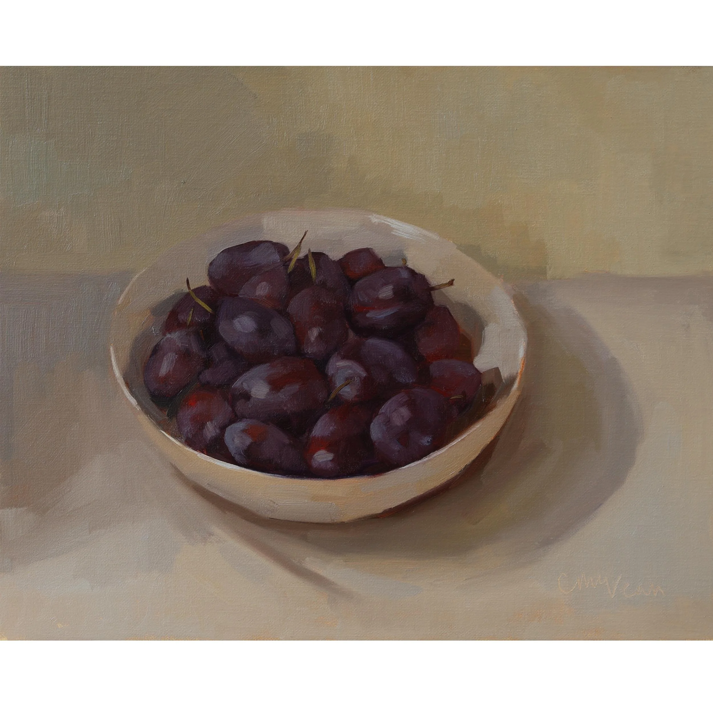 Oil painting of September plums in a white bowl by Catherine Mcvean