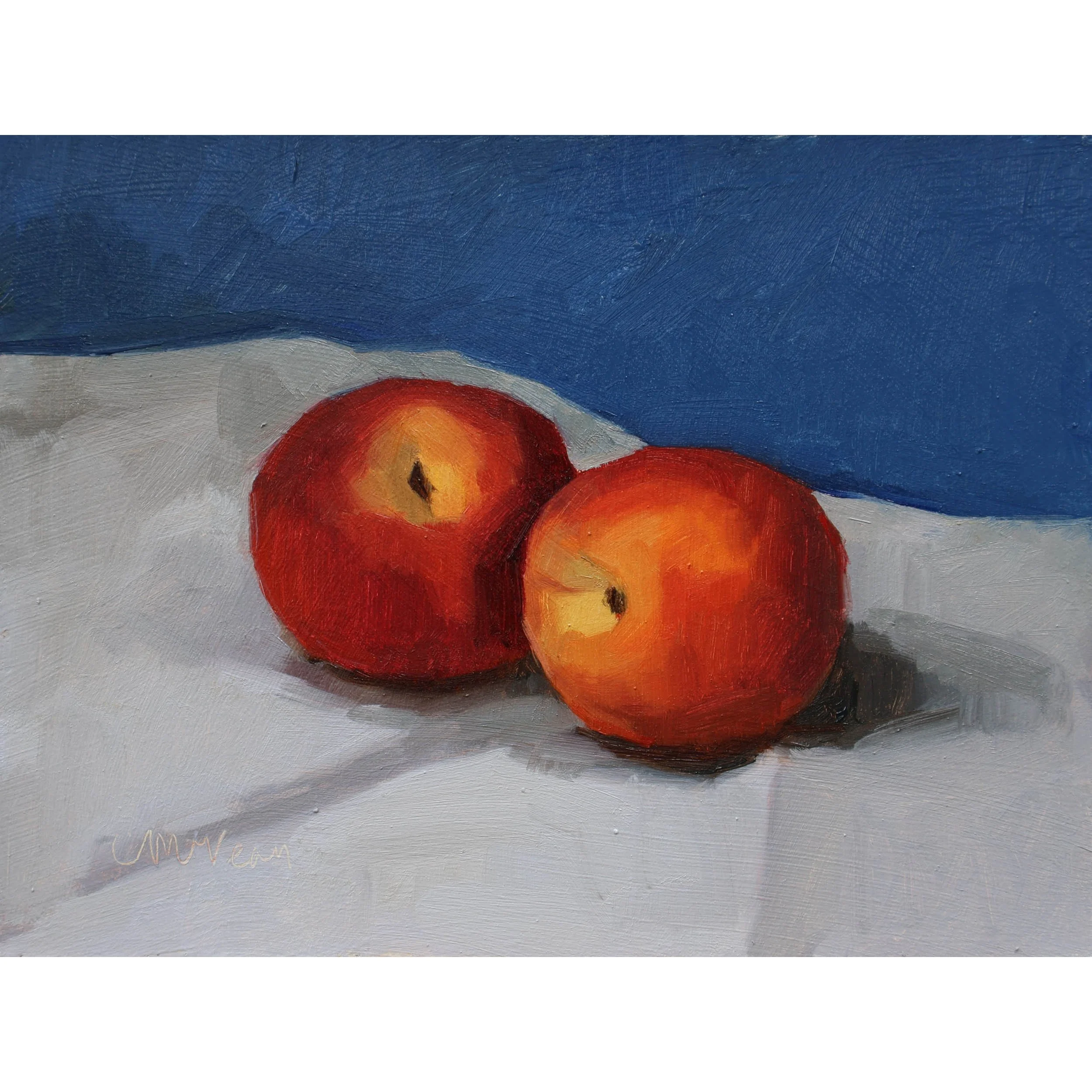 Painting of peaches & blue background
