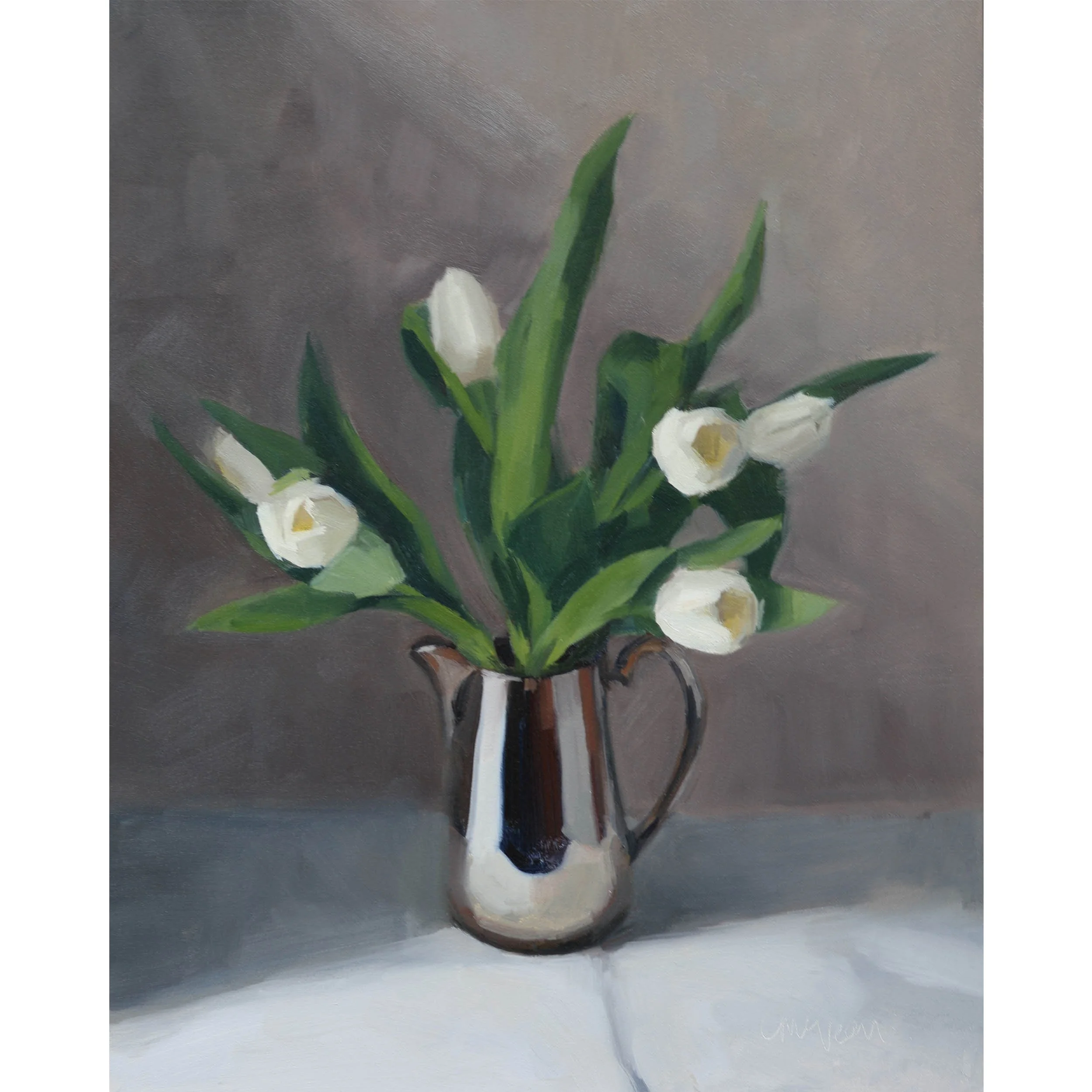 White tulips in an antique silver jug | 2026