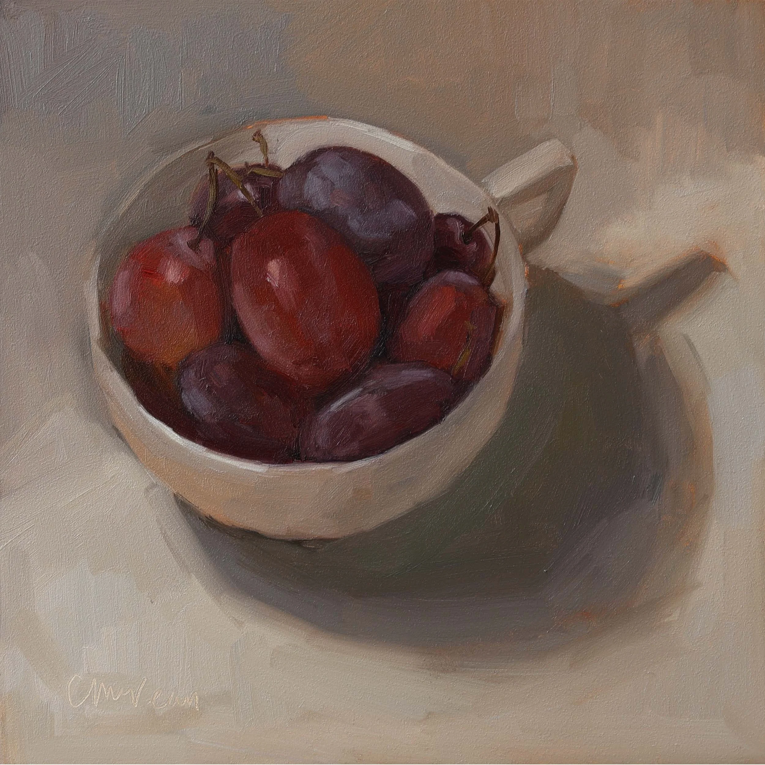 Oil painting of plums in a teacup by Catherine McVean