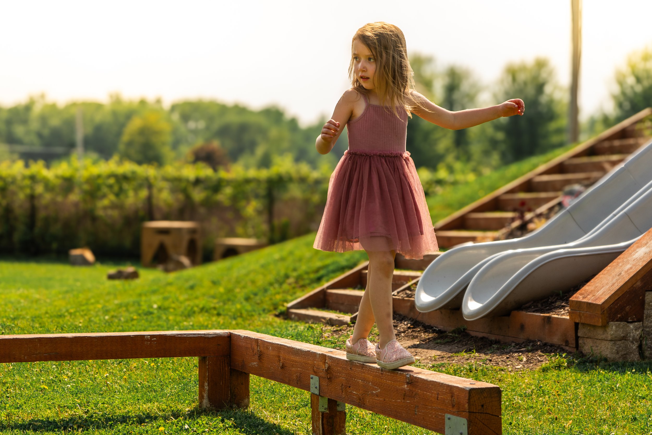 Young girl in a pink dress balancing on a wooden beam near outdoor slides on a grassy area.