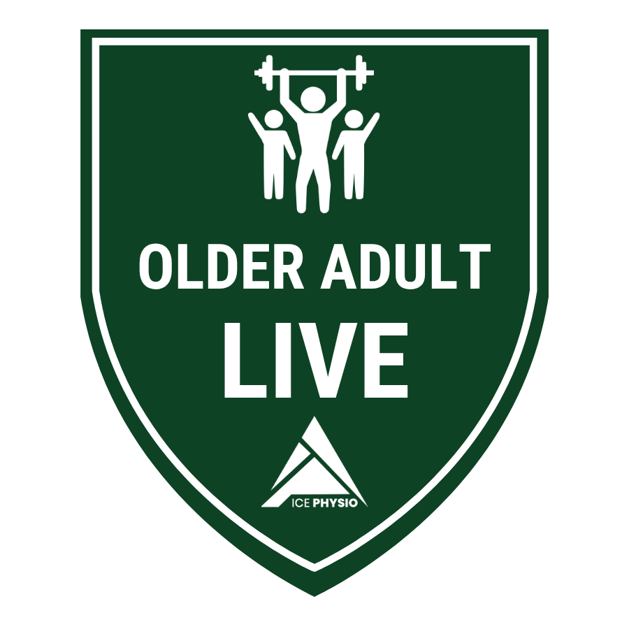 A green shield emblem with a white border, featuring iconography of three people lifting weights, and the text "Older Adult Live" with a smaller logo at the bottom reading "ICE Physio."