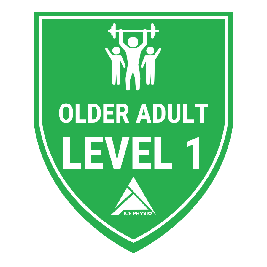 A green shield-shaped sign for older adults indicating Level 1, with a graphic of three people, one lifting a barbell, and the logo for ICE Physio.