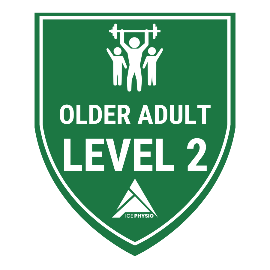 Green shield sign for older adult exercise level 2, featuring a graphic of three people lifting a barbell.