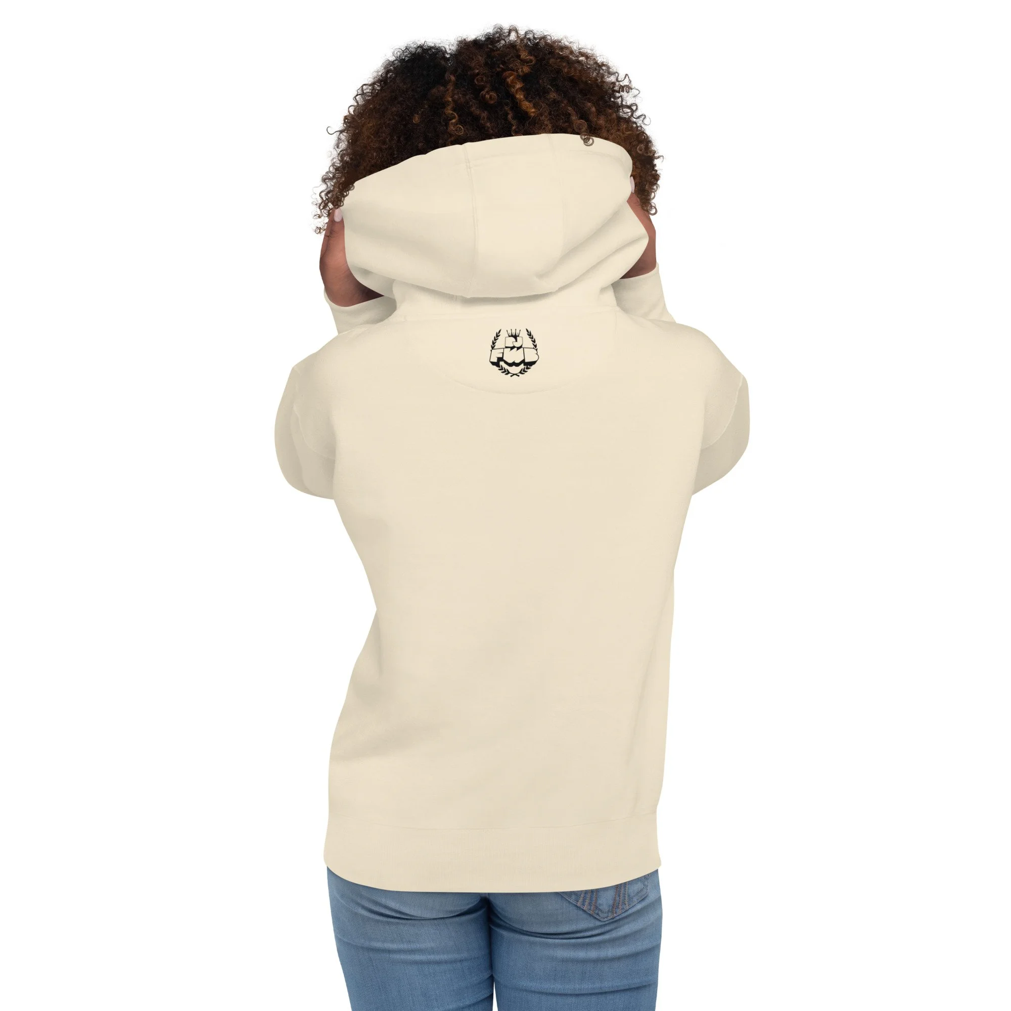 Secret Stash 2027 Hoodie, Bone: back view showing the DJ FWB crest label