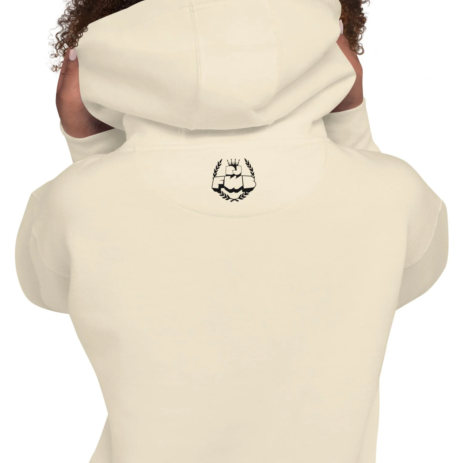 Secret Stash 2027 Hoodie, Bone: back view showing the DJ FWB crest label