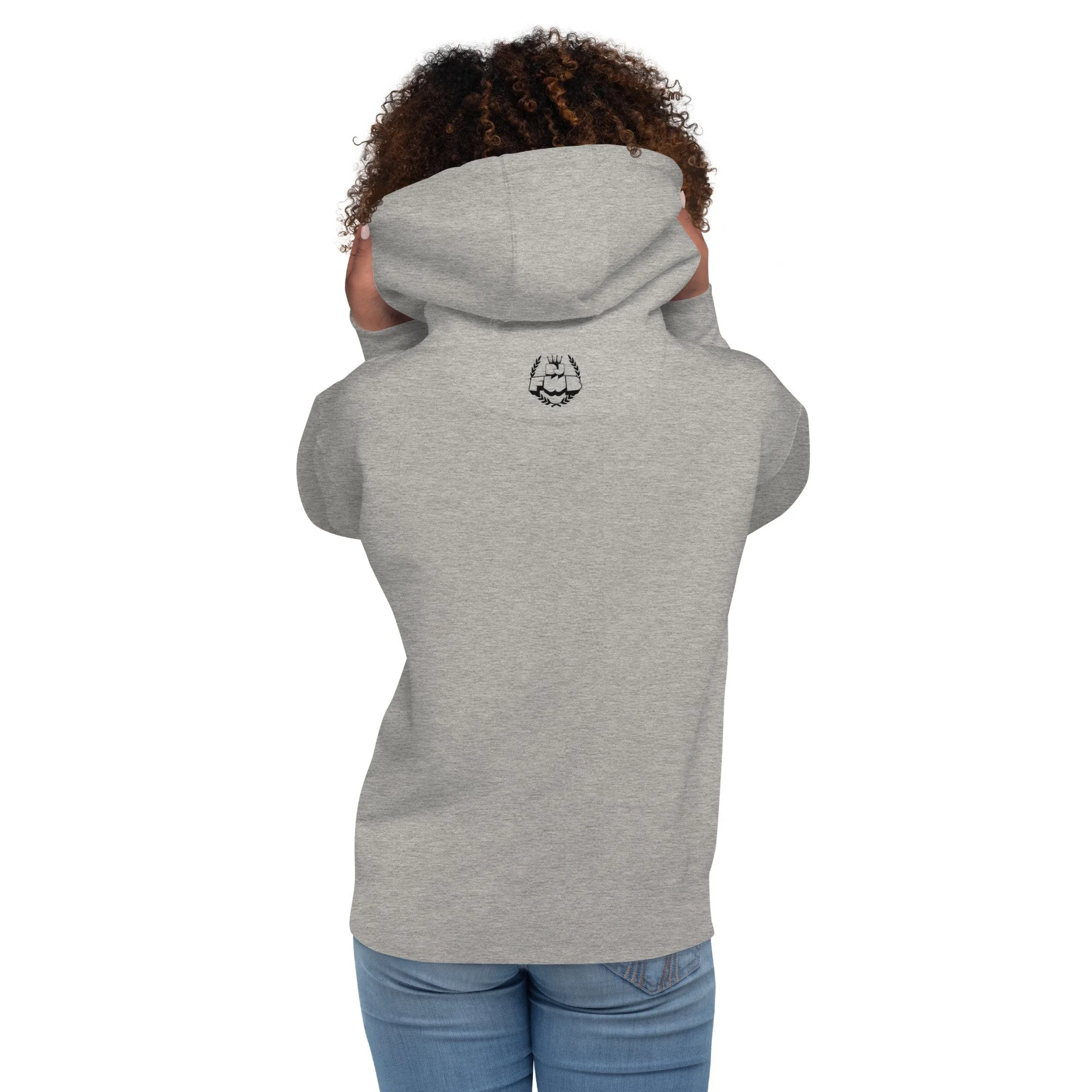 Secret Stash 2027 Hoodie, Carbon Grey: back view showing the DJ FWB crest label