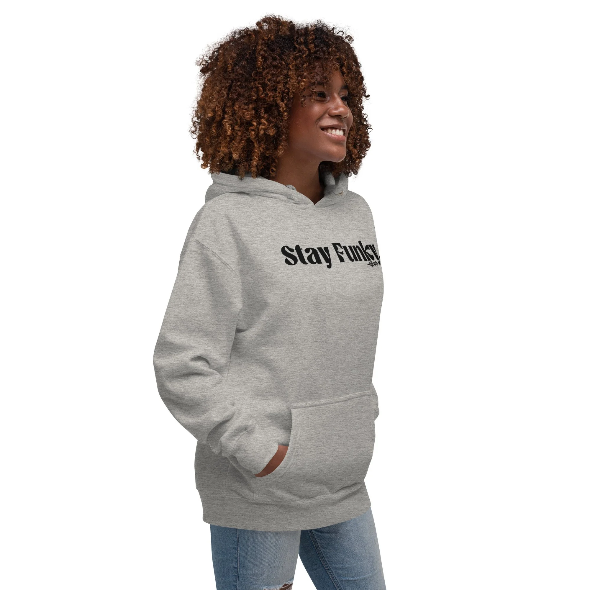Secret Stash 2027 Hoodie, Carbon Grey: three-quarter view on model