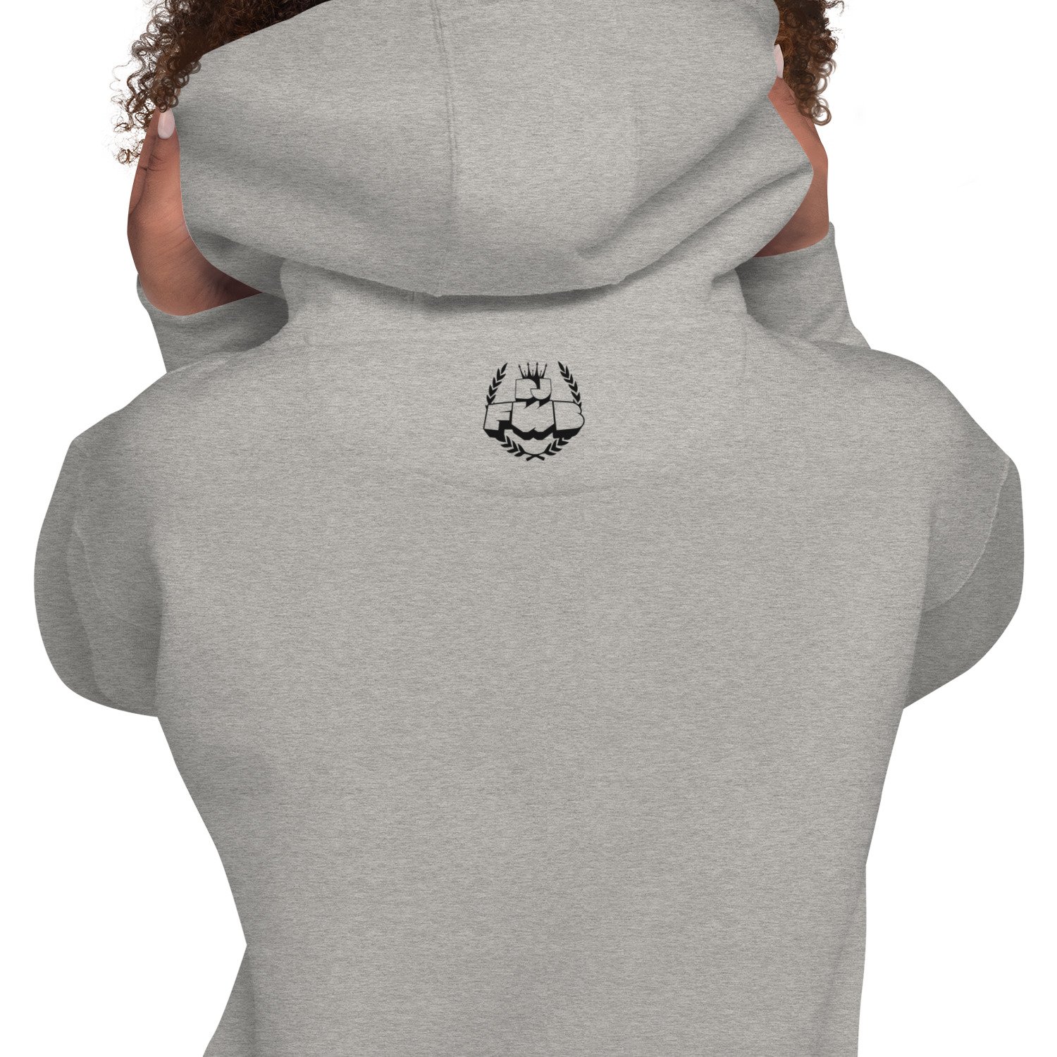 Secret Stash 2027 Hoodie, Carbon Grey: back view showing the DJ FWB crest label