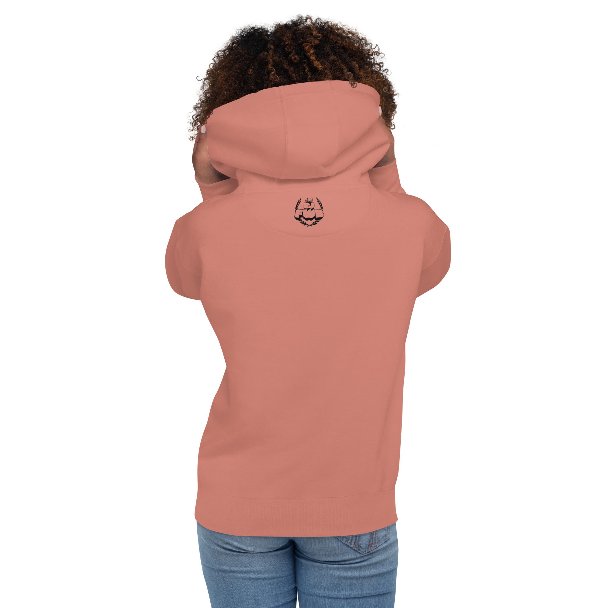 Secret Stash 2027 Hoodie, Dusty Rose: back view showing the DJ FWB crest label