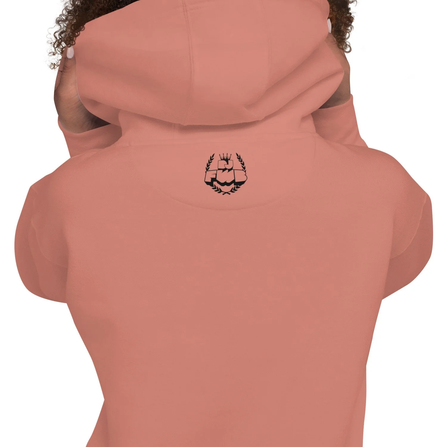 Secret Stash 2027 Hoodie, Dusty Rose: back view showing the DJ FWB crest label