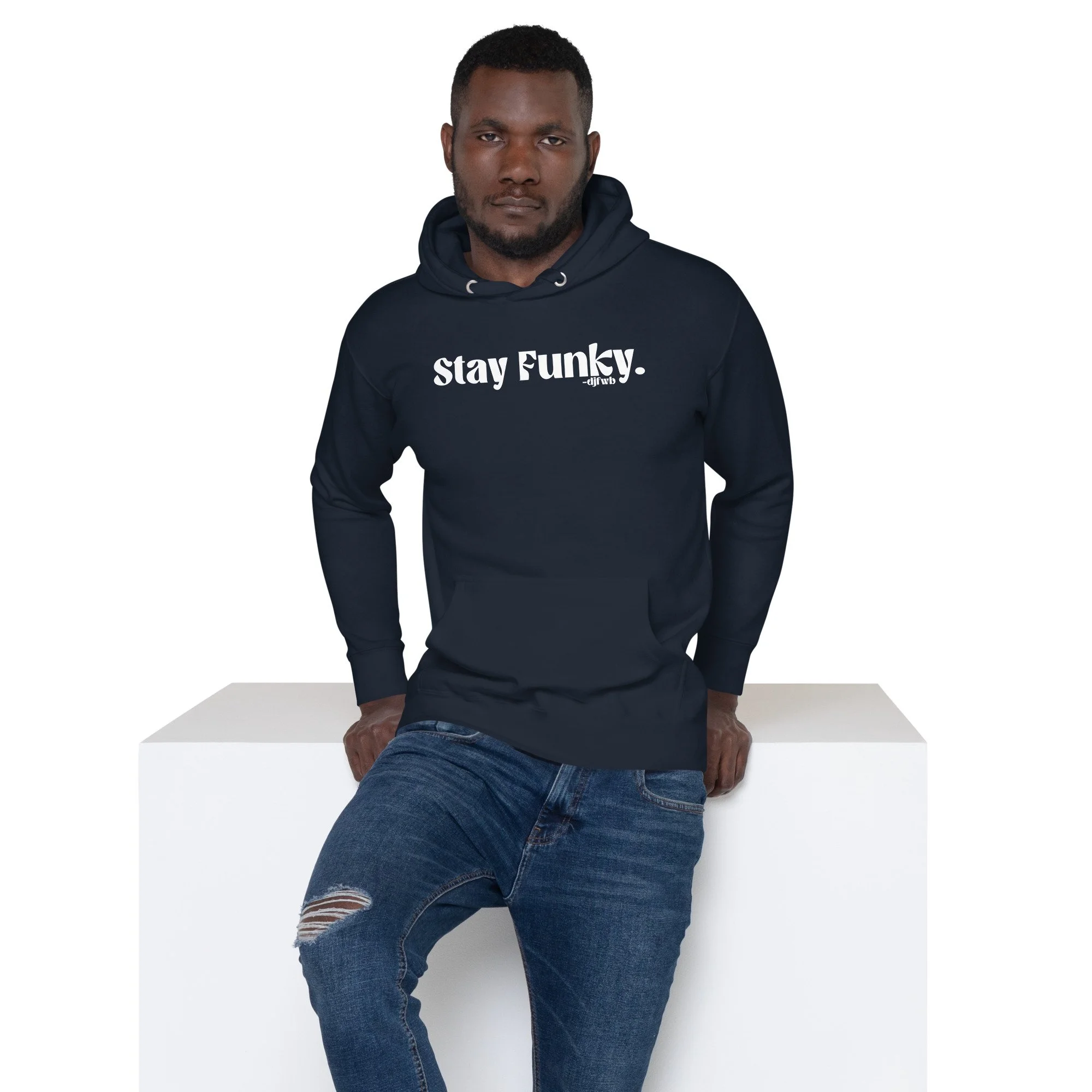Secret Stash 2027 Hoodie | Midnight, Navy: man wearing it, seated