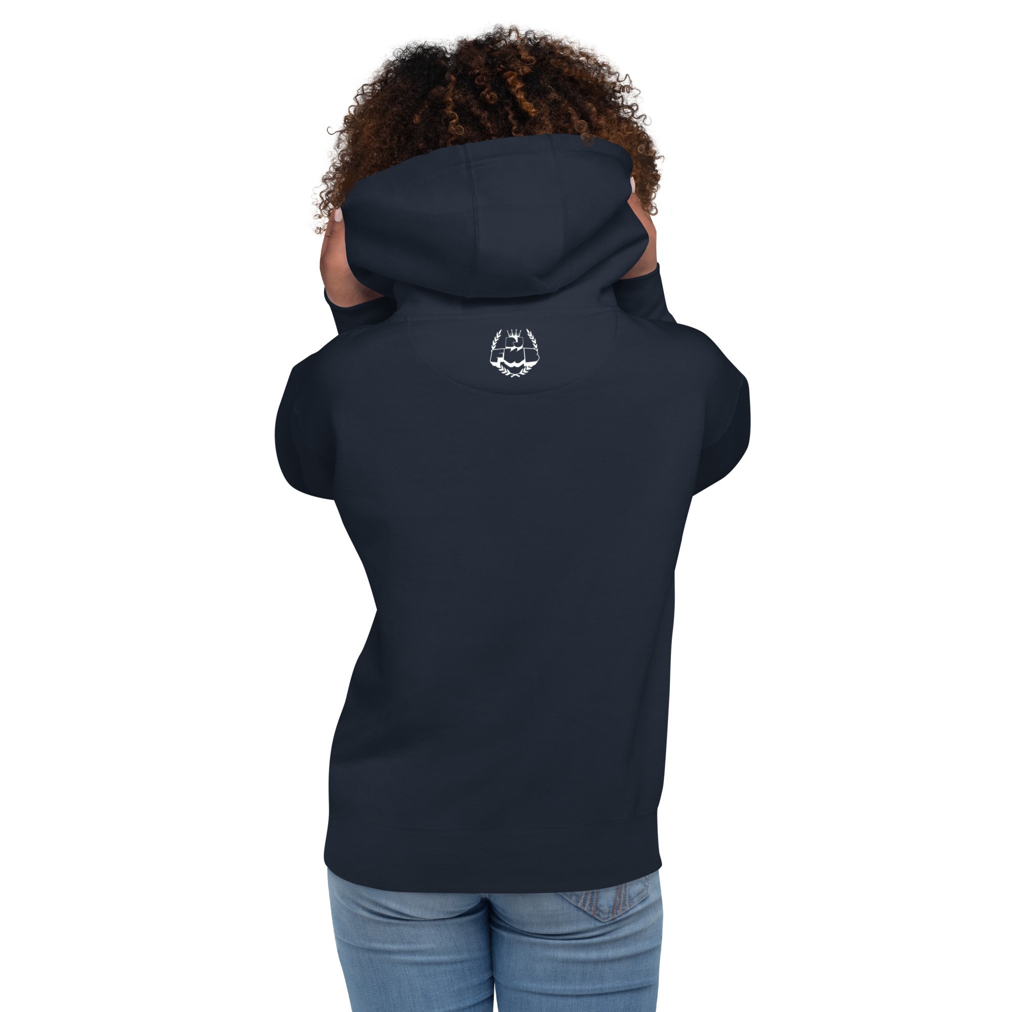 Secret Stash 2027 Hoodie | Midnight, Navy: back view showing the DJ FWB crest label