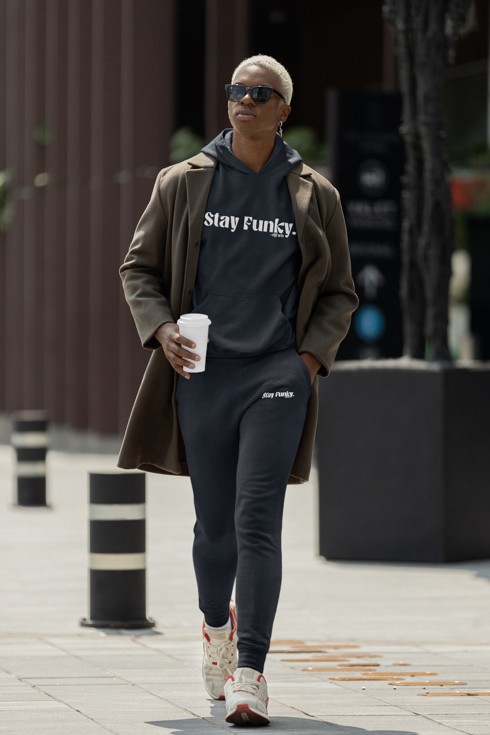 Secret Stash 2027 Sweatpants | Midnight, Navy: model wearing the full matching hoodie and sweatpants set