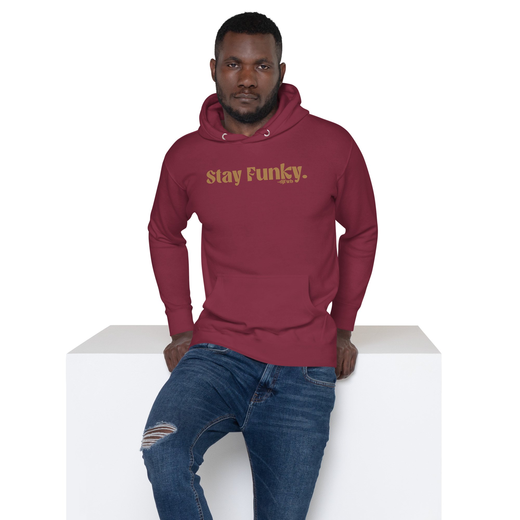 Secret Stash 2027 Hoodie | Last Call, Maroon: man wearing it, seated