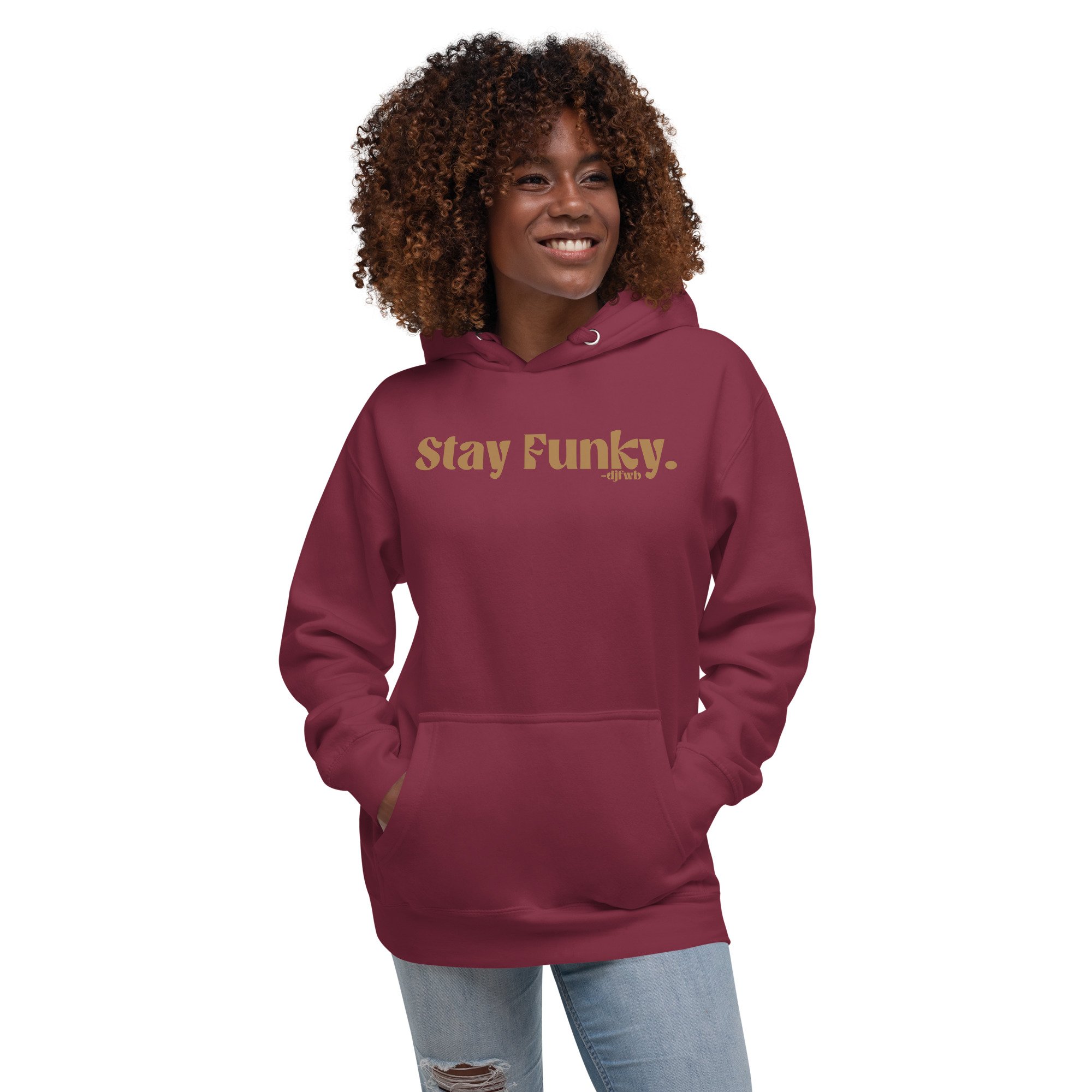 Secret Stash 2027 Hoodie | Last Call, Maroon: woman wearing it, front view