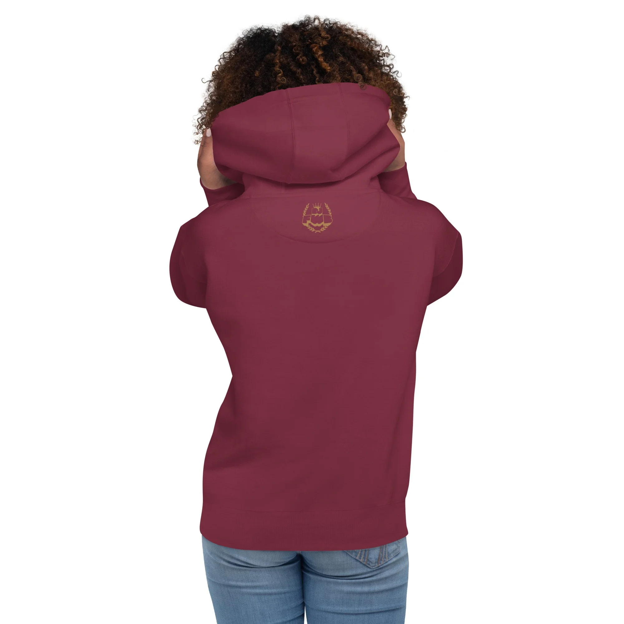 Secret Stash 2027 Hoodie | Last Call, Maroon: back view showing the DJ FWB crest label