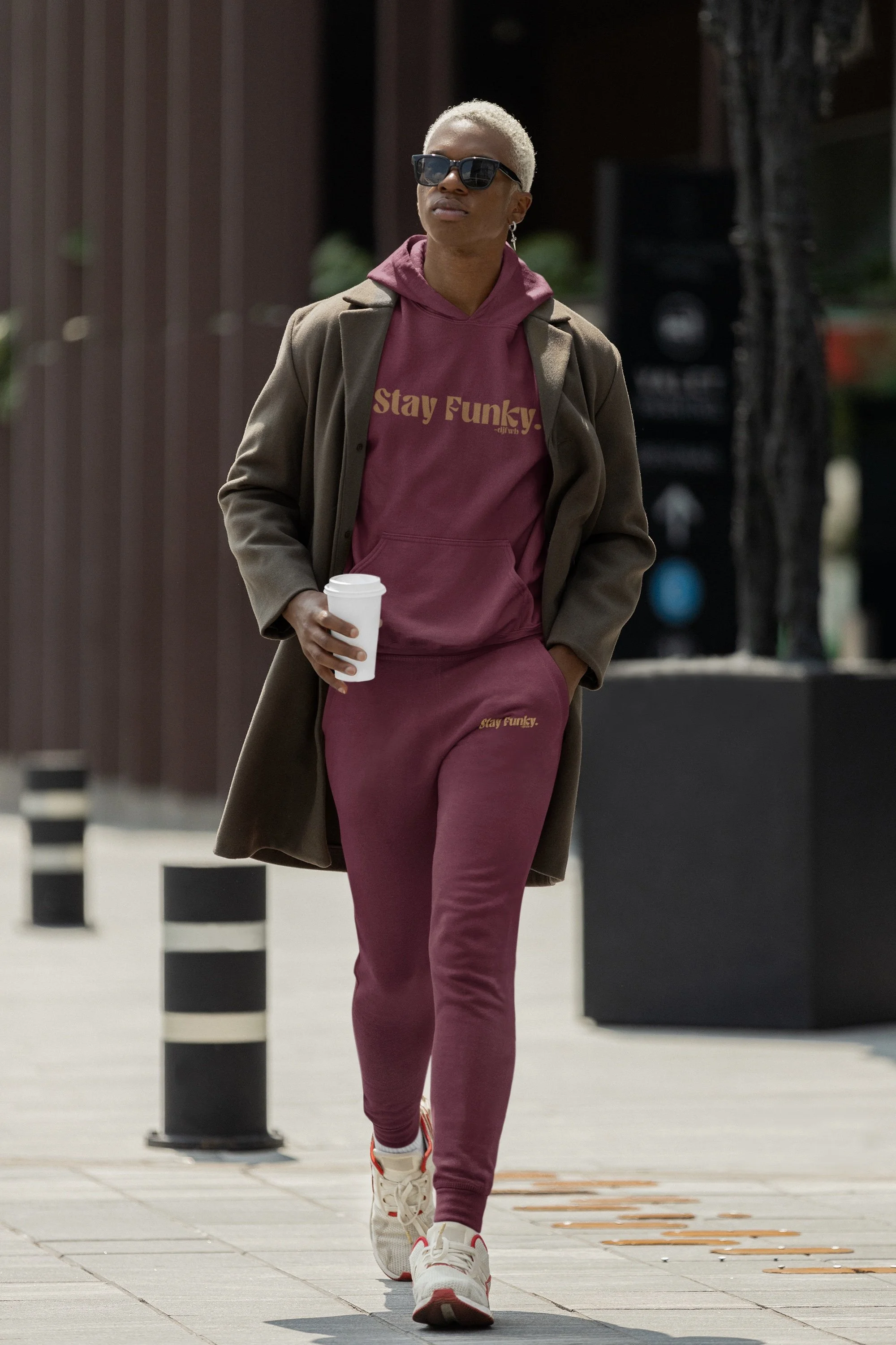Secret Stash 2027 Sweatpants | Last Call, Maroon: model wearing the full matching hoodie and sweatpants set
