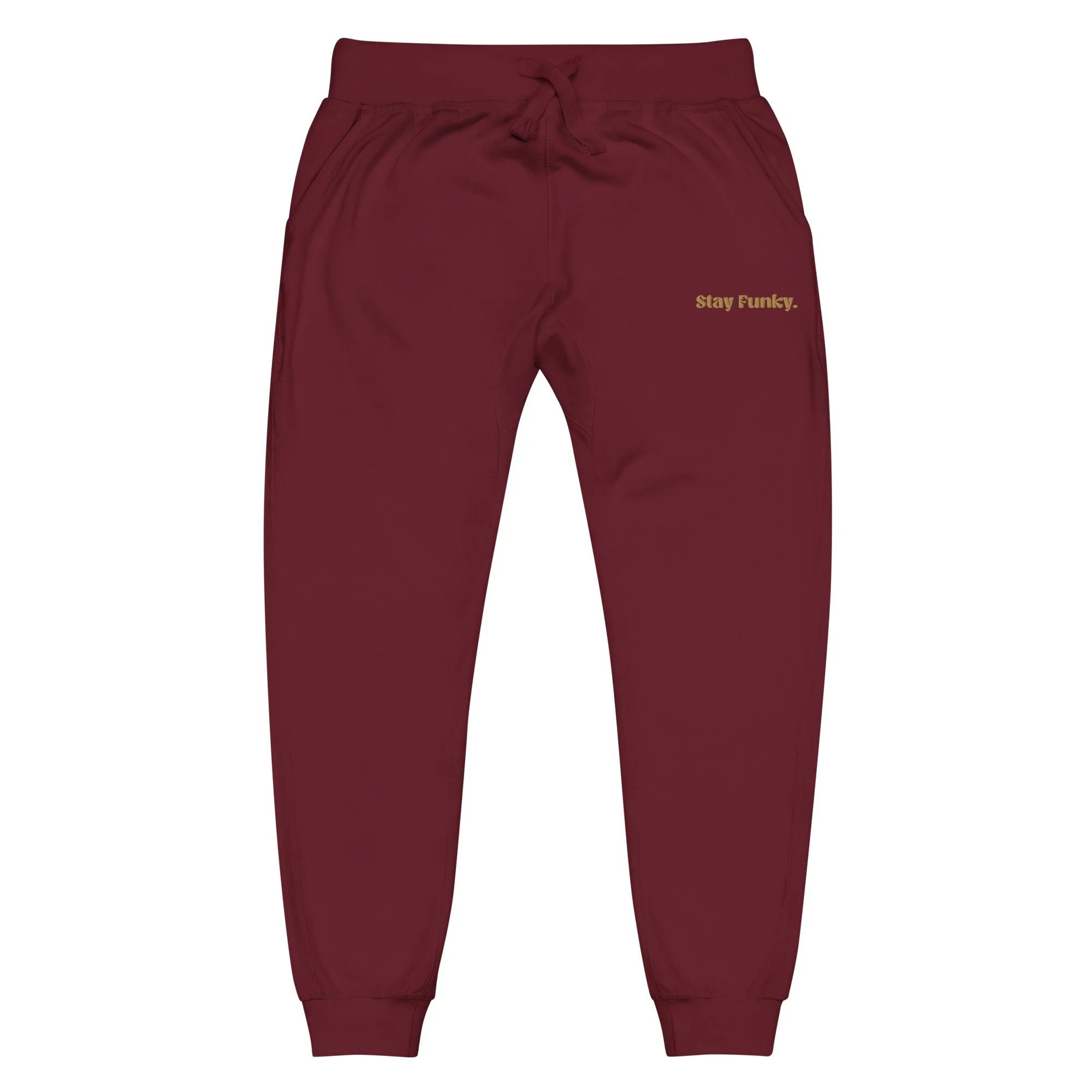 Secret Stash 2027 Sweatpants | Last Call, Maroon: flat front view showing the embroidered hip logo