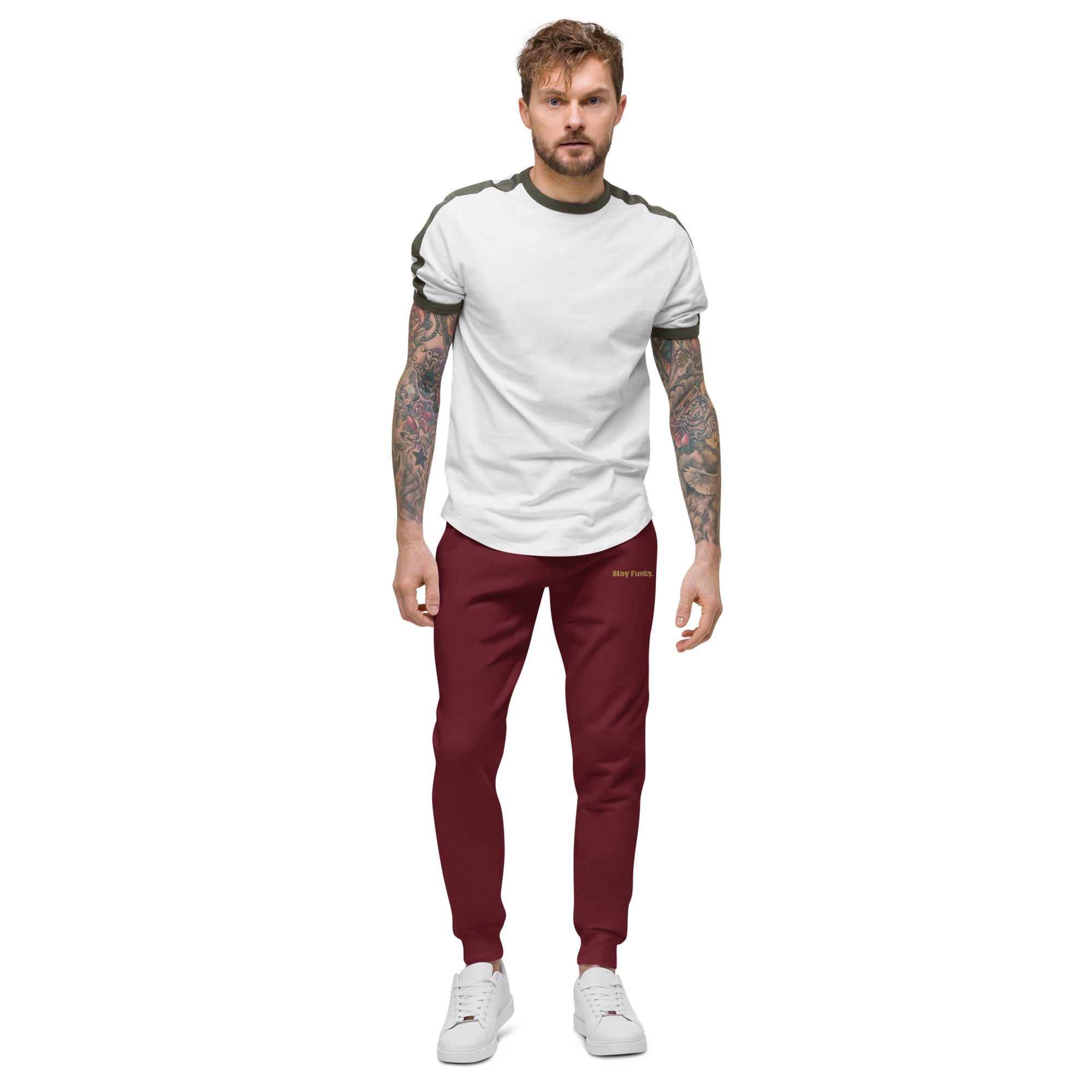 Secret Stash 2027 Sweatpants | Last Call, Maroon: man wearing it, front view