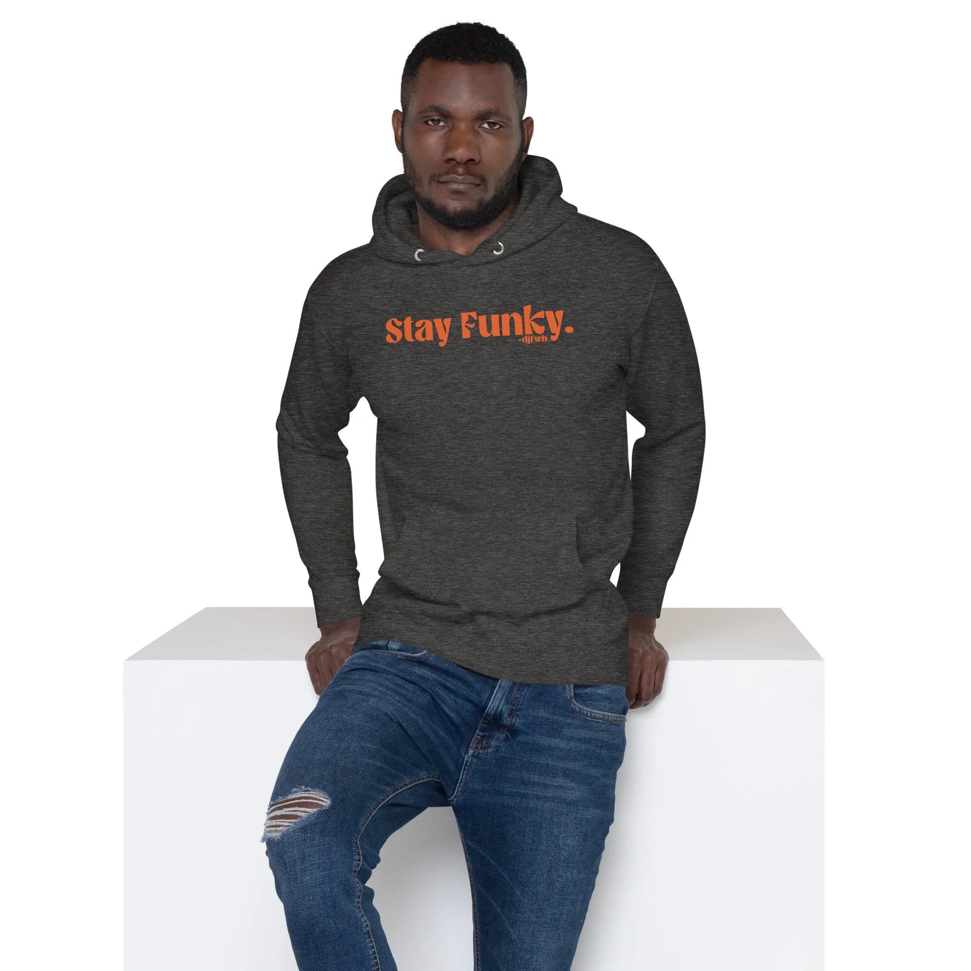 Secret Stash 2027 Hoodie | After Hours, Charcoal: man wearing it, seated