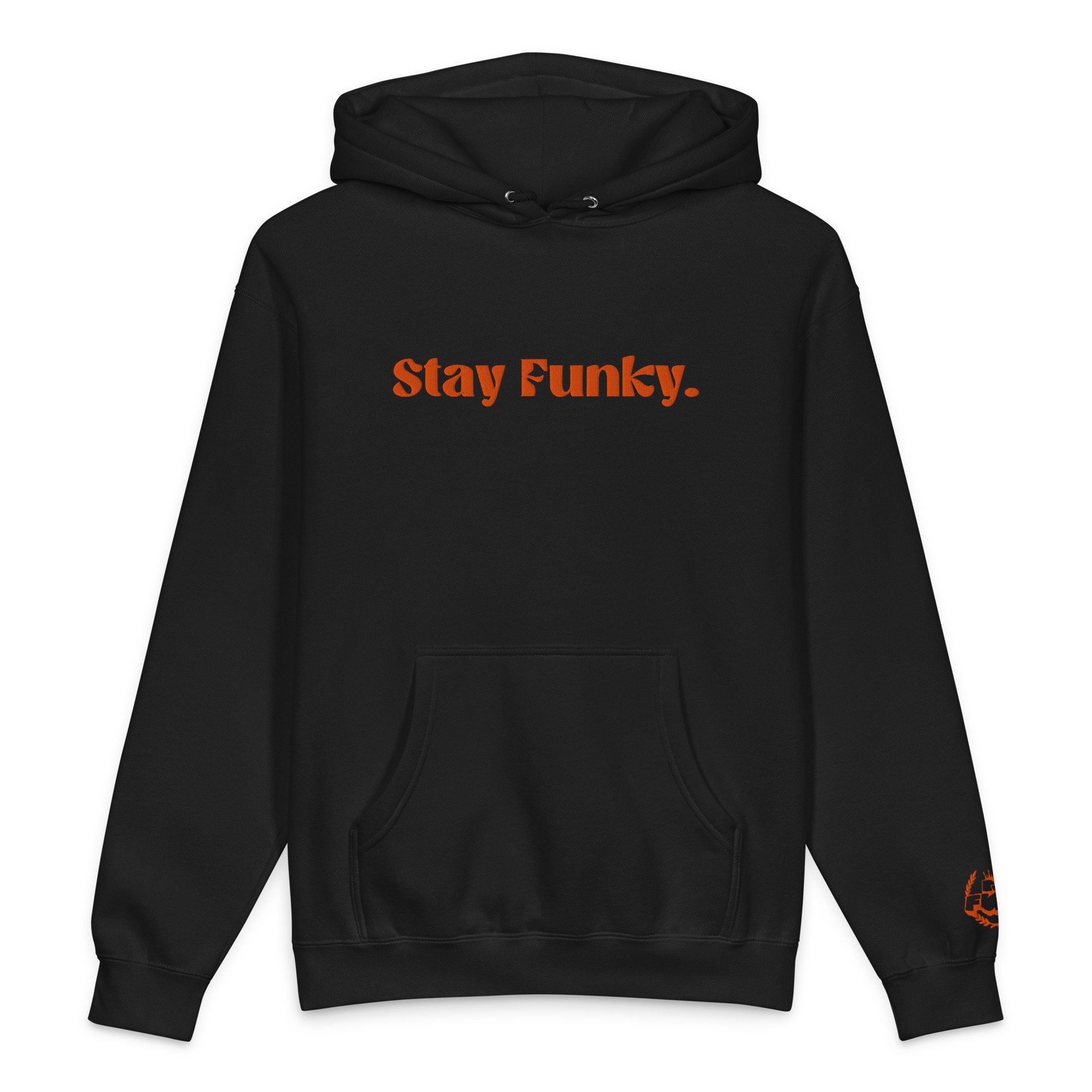 Secret Stash Heavyweight Hoodie in black, front, large orange Stay Funky embroidery across the chest
