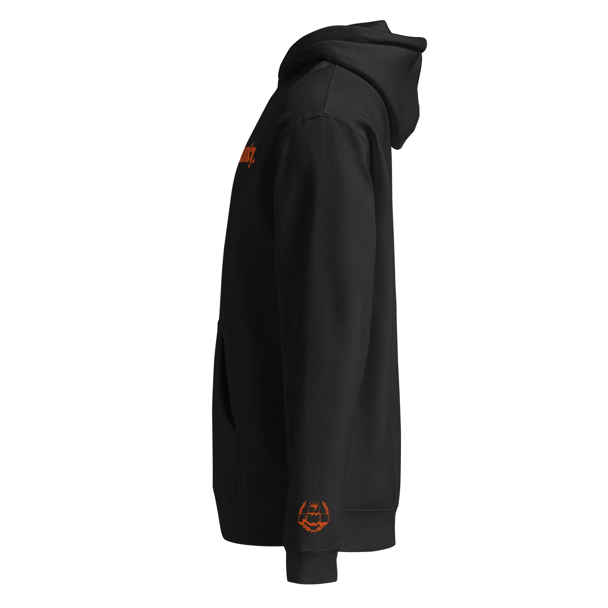 Left side of the black heavyweight hoodie showing the orange DJ FWB crest embroidered on the wrist