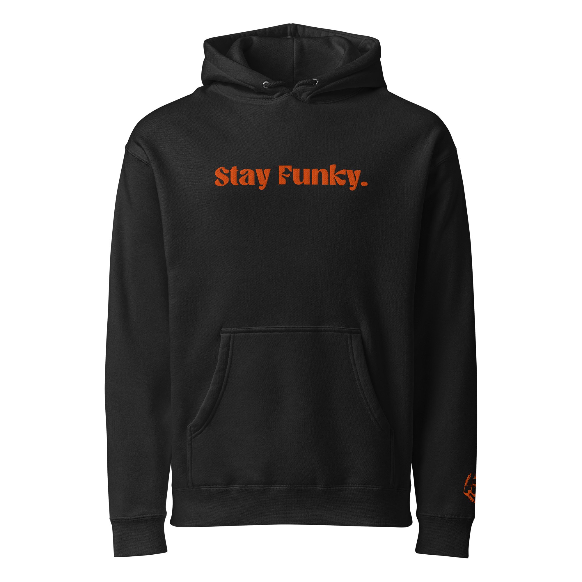 Black heavyweight hoodie, front angle view with the orange chest embroidery