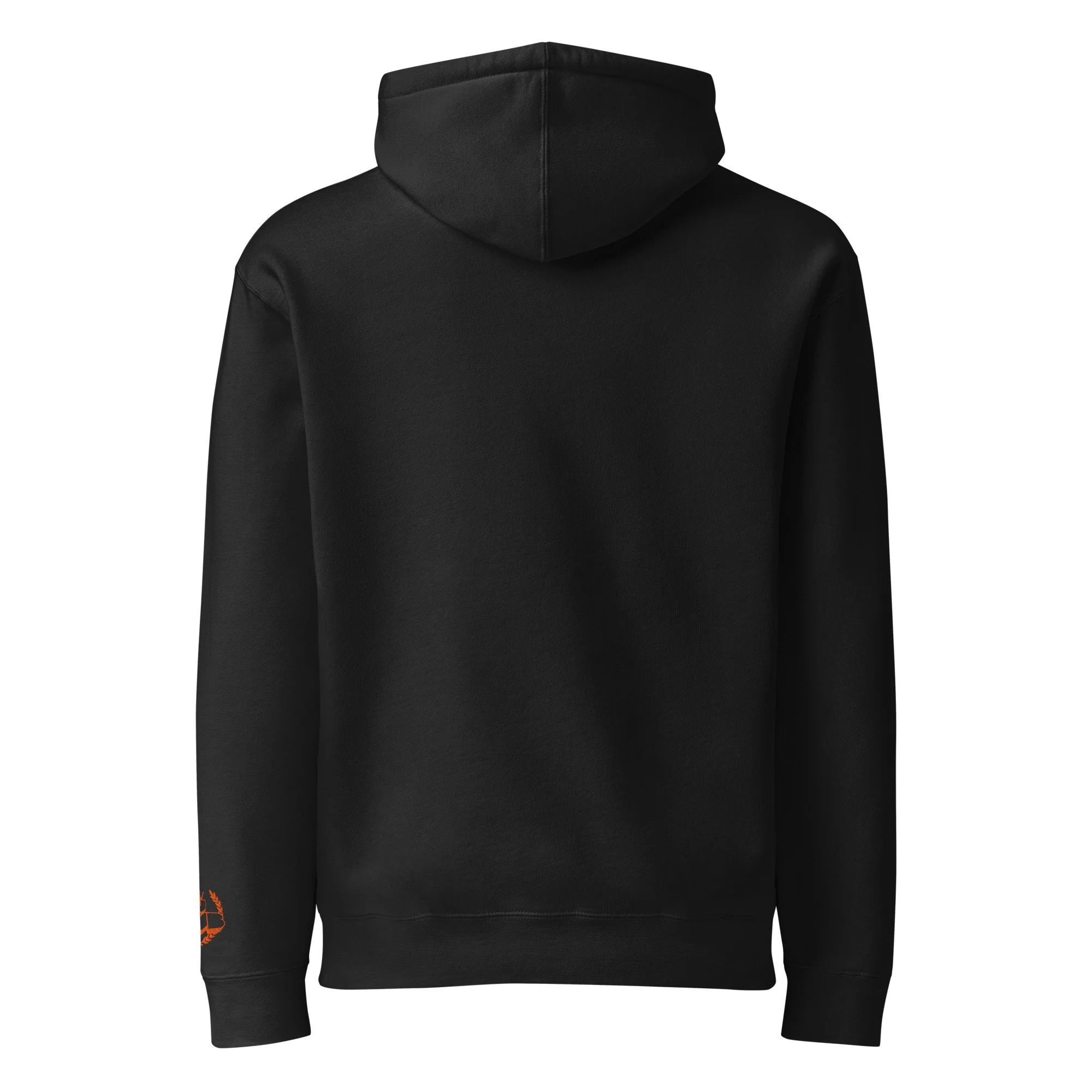 Back of the black heavyweight hoodie, plain with no print