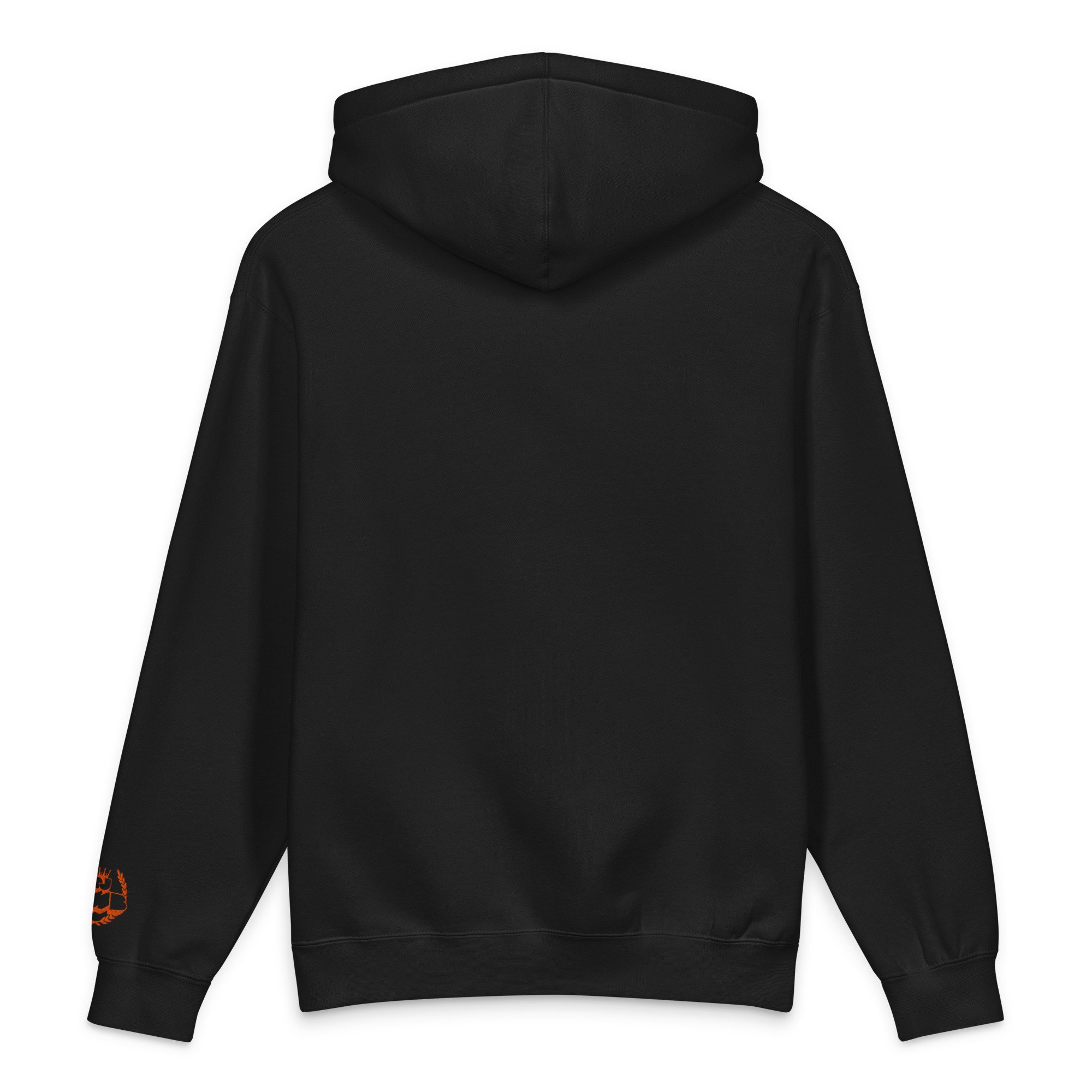 Back angle view of the black heavyweight hoodie with the wrist crest visible