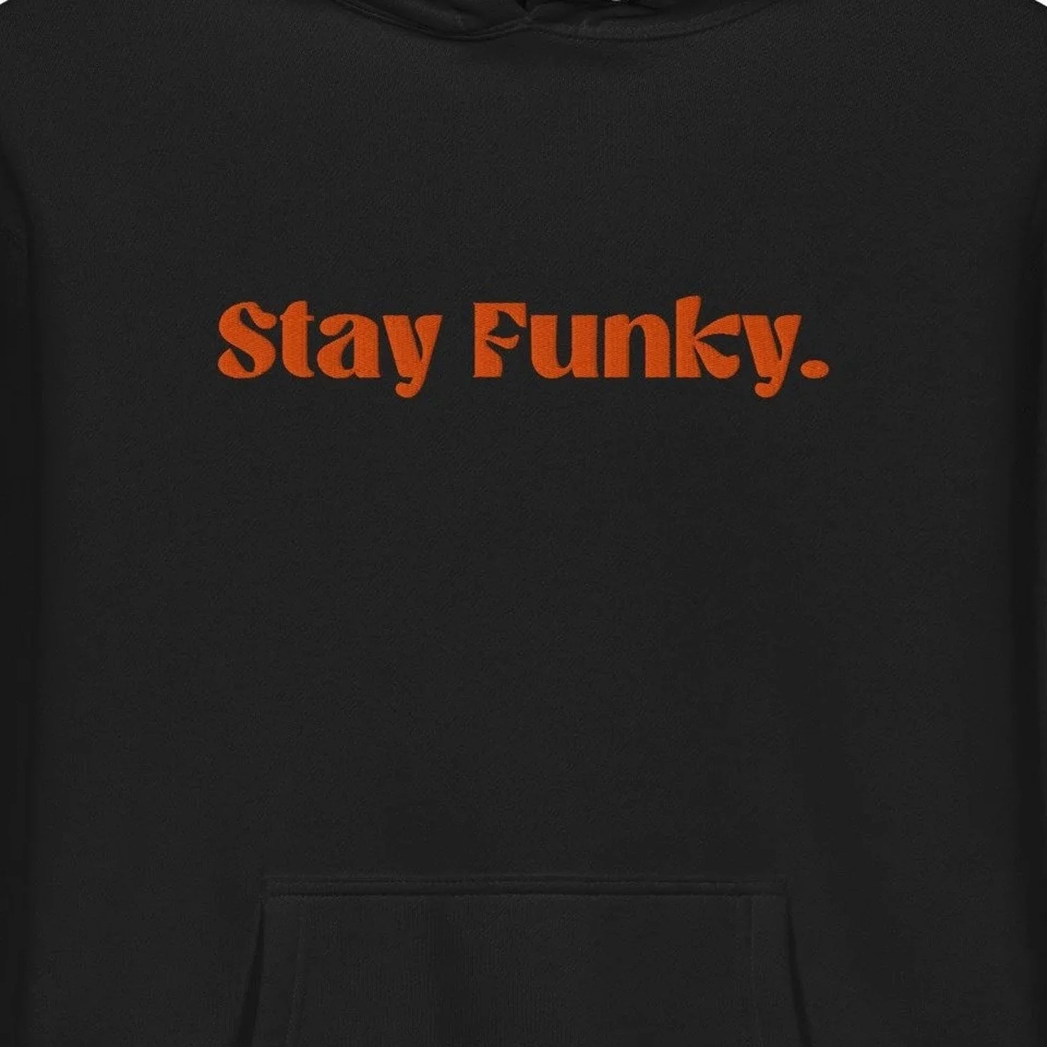 Close-up of the orange Stay Funky chest embroidery on the black heavyweight hoodie