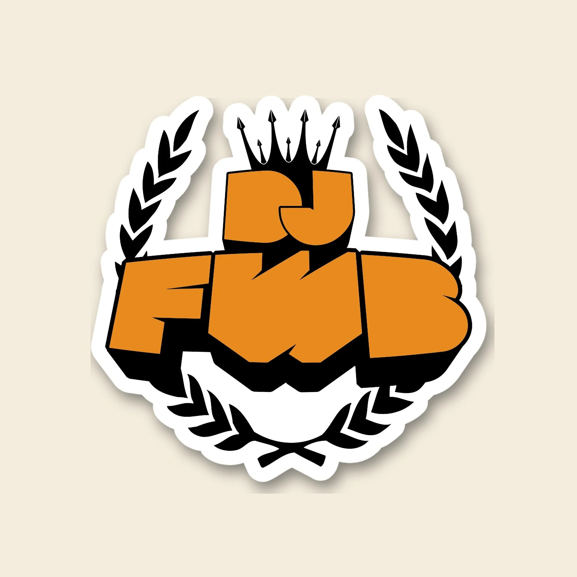 DJ FWB crest die-cut sticker in orange with black outlines and laurels, white border