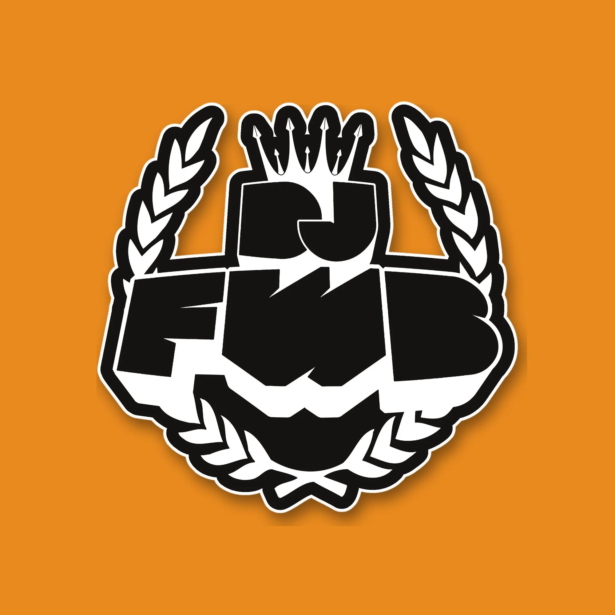 DJ FWB crest die-cut sticker in black with white laurels on a black backing
