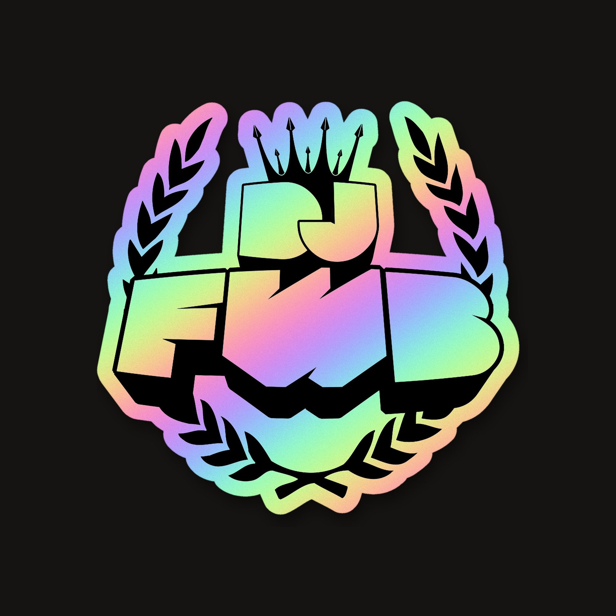 Holographic DJ FWB crest die-cut sticker, the white areas shine holographic