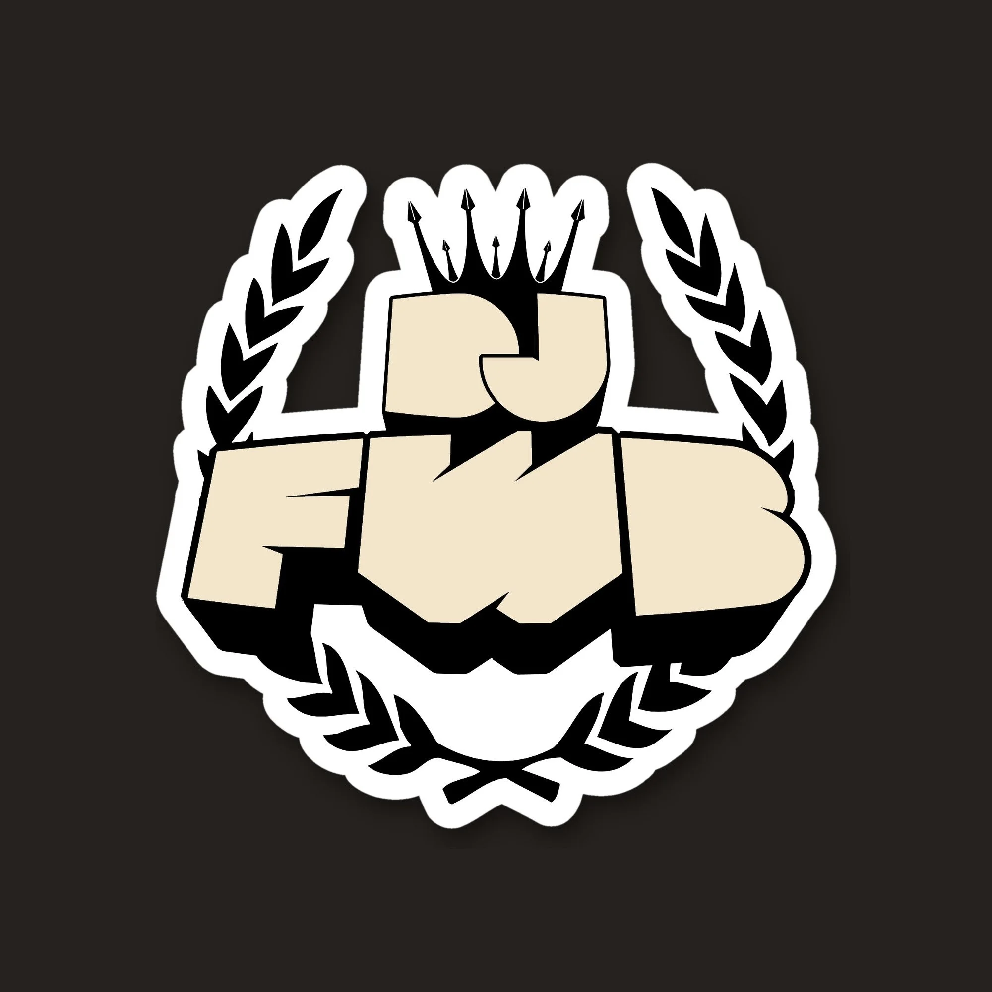 DJ FWB crest die-cut sticker in bone with black outlines and laurels, white border