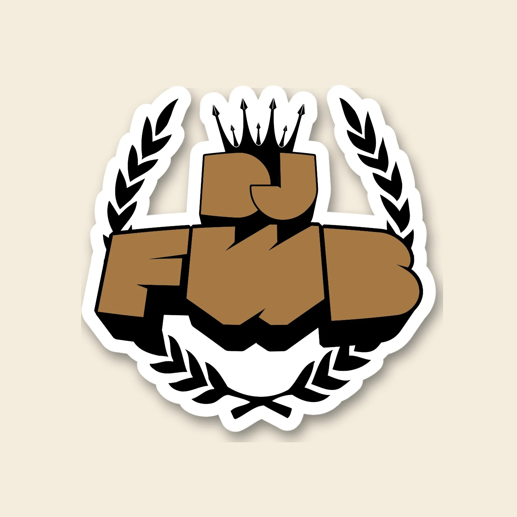 DJ FWB crest die-cut sticker in old gold with black outlines and laurels, white border