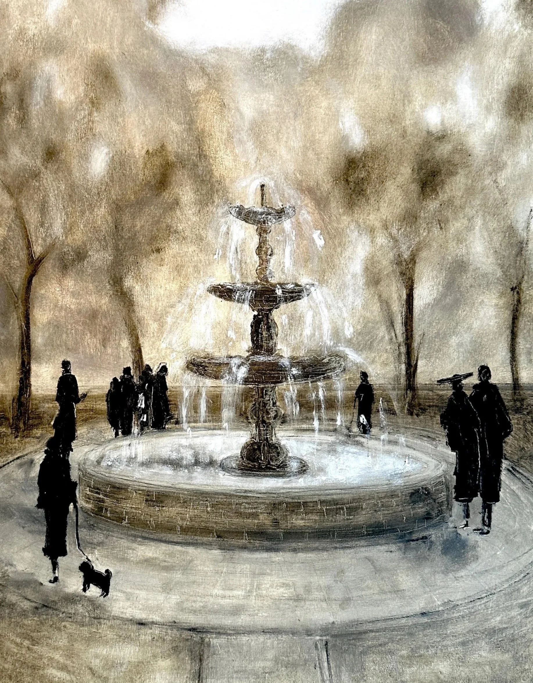 A black and white Ellie Vergura oil painting of a multi-tiered fountain with water flowing from the top to the bottom, surrounded by several silhouetted people walking and conversing.