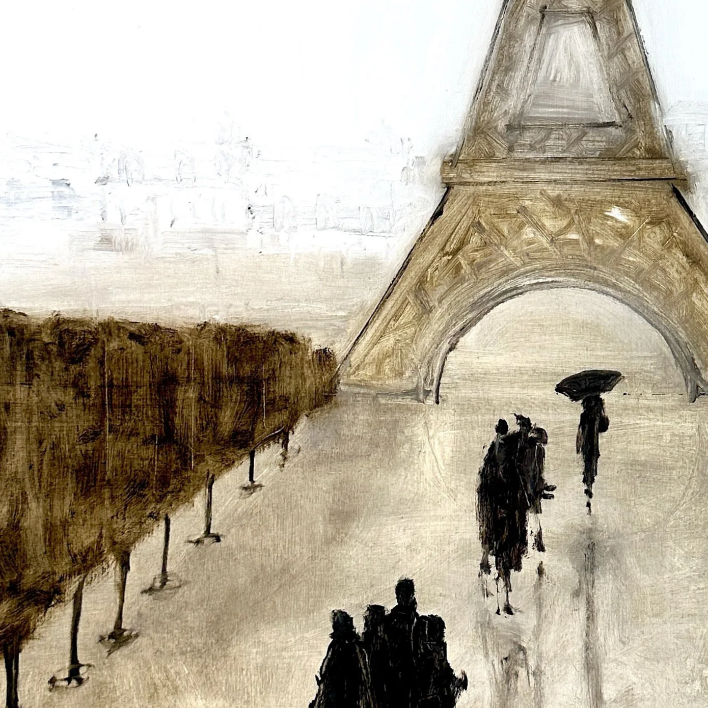 An Ellie Vergura oil painting of the Eiffel Tour in Paris seen from below, with people walking underneath, some holding umbrellas, and trees lining the street.