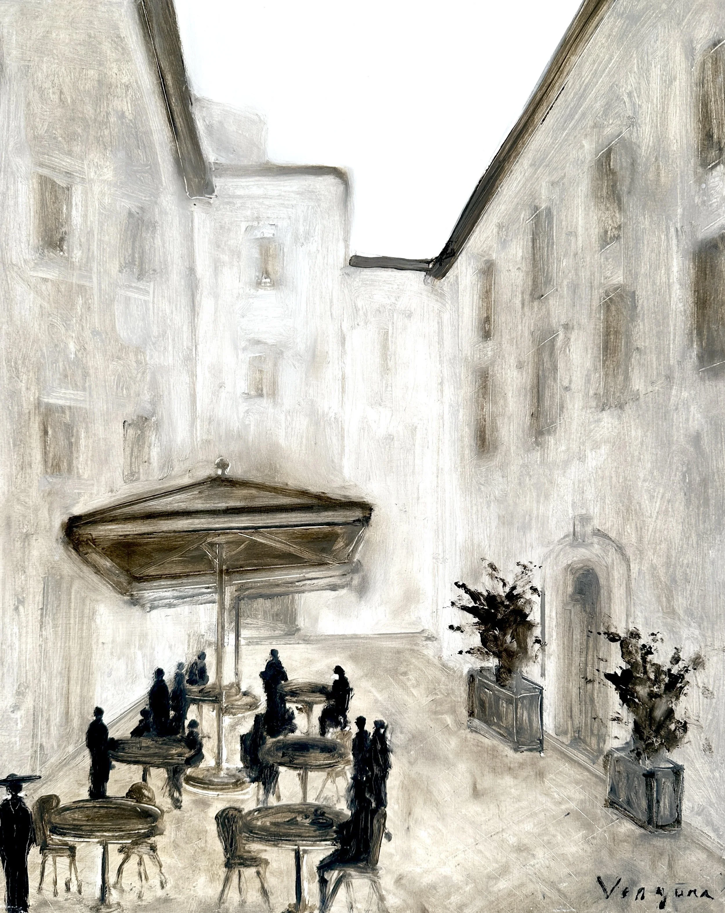 Ellie Vergura oil painting of a lively scene with several silhouetted figures walking among chairs and a fountain, under a canopy, with trees nearby, painted in a loose, impressionistic style, depicting an outdoor cafe scene.