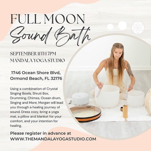 🤍 Join Morgan on Sunday 9/11 @ 7pm as she leads you through a healing journey of sound. Morgan will be using a combination of Crystal Singing Bowls, Shruti Box, Drumming, Chimes, Ocean Drum, Singing and more. Dress cozy, bring a yoga mat, a pillow a