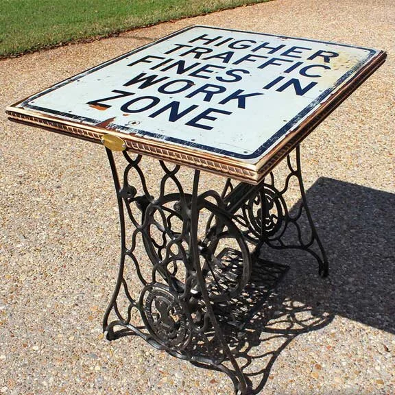 Repurposed Singer Sewing Machine Base Traffic Sign Table