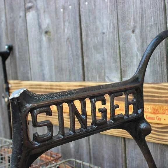 Custom Singer Sewing Machine Base Wall Shelf with Yardsticks and Gym Wire Locker Baskets!