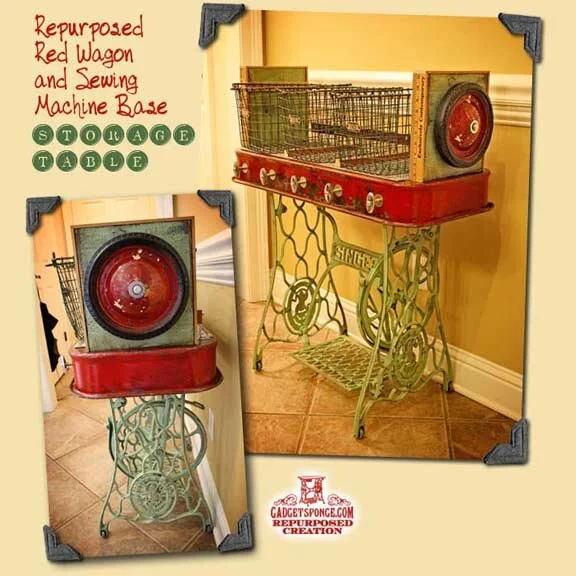 Repurposed Upcycled Red Wagon Sewing Machine Base Storage Table