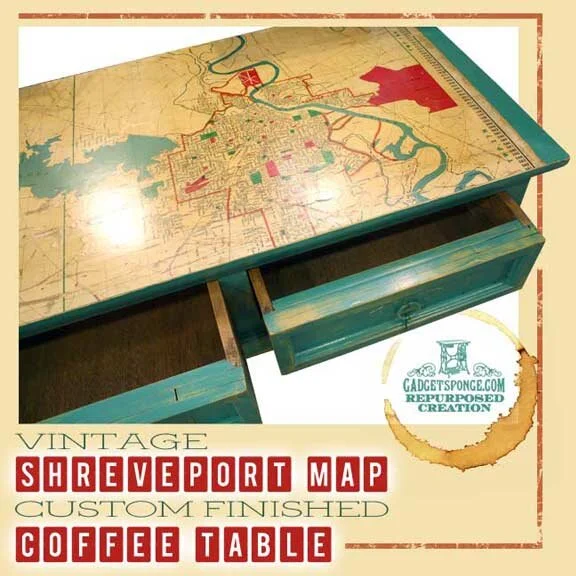 Vintage Shreveport Map Laden Coffee Table w/ Custom Finish &amp; Distressing