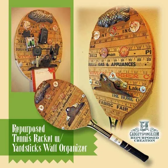 Repurposed Tennis Racket with Yardsticks Wall Organizers