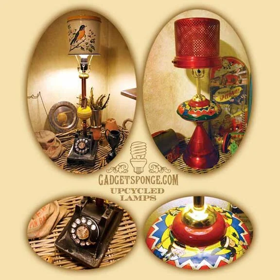 Upcycled Telephone &amp; Toy Spinner Top Lamps