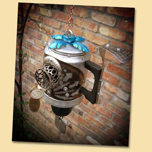 Aluminum Coffee Pot Birdhouse with Blue Flower &amp; Coins