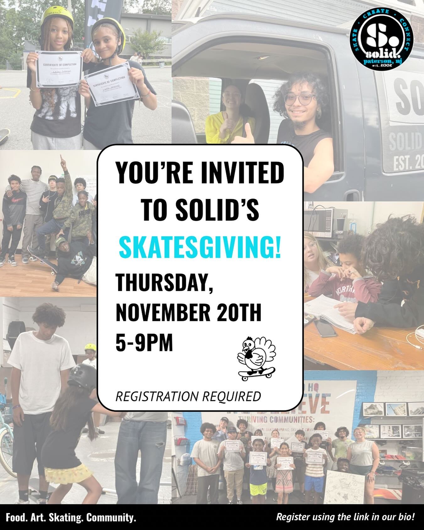 Join us for SKATESGIVING on Thursday, November 20th from 5-9pm. Food, art, skating and community &mdash; join us for an evening of fun and gratitude 🍛🛹🦃💙

‼️ Register today as spots are limited; the link to do so is in our bio (under &ldquo;learn