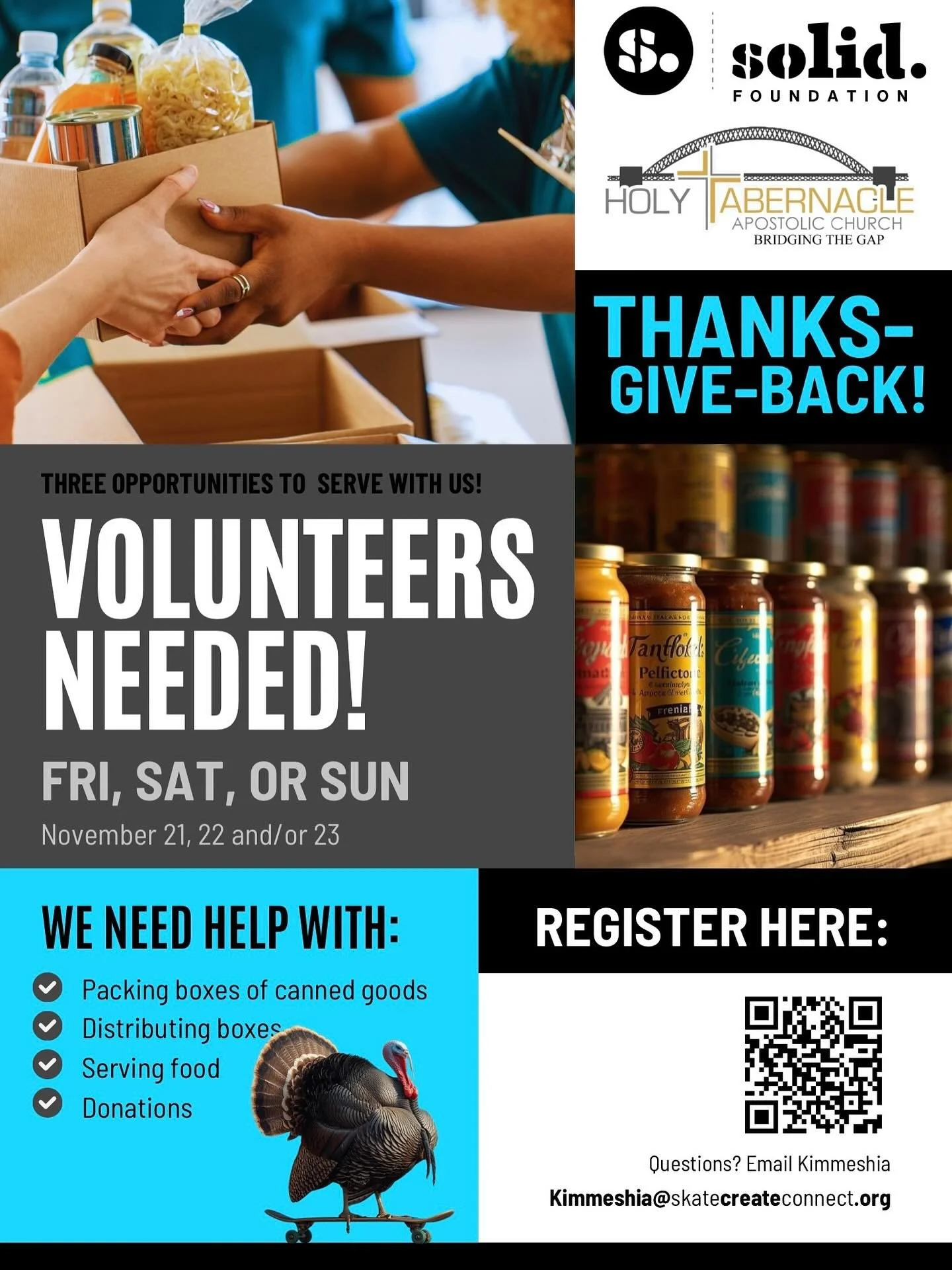 You&rsquo;re invited! 

We need your help for three days of service the weekend before Thanksgiving!  Help for a few hours or all three days. We&rsquo;ll be packing boxes at SOLID on Friday and Saturday, and distributing food at @holytabernaclepnj on