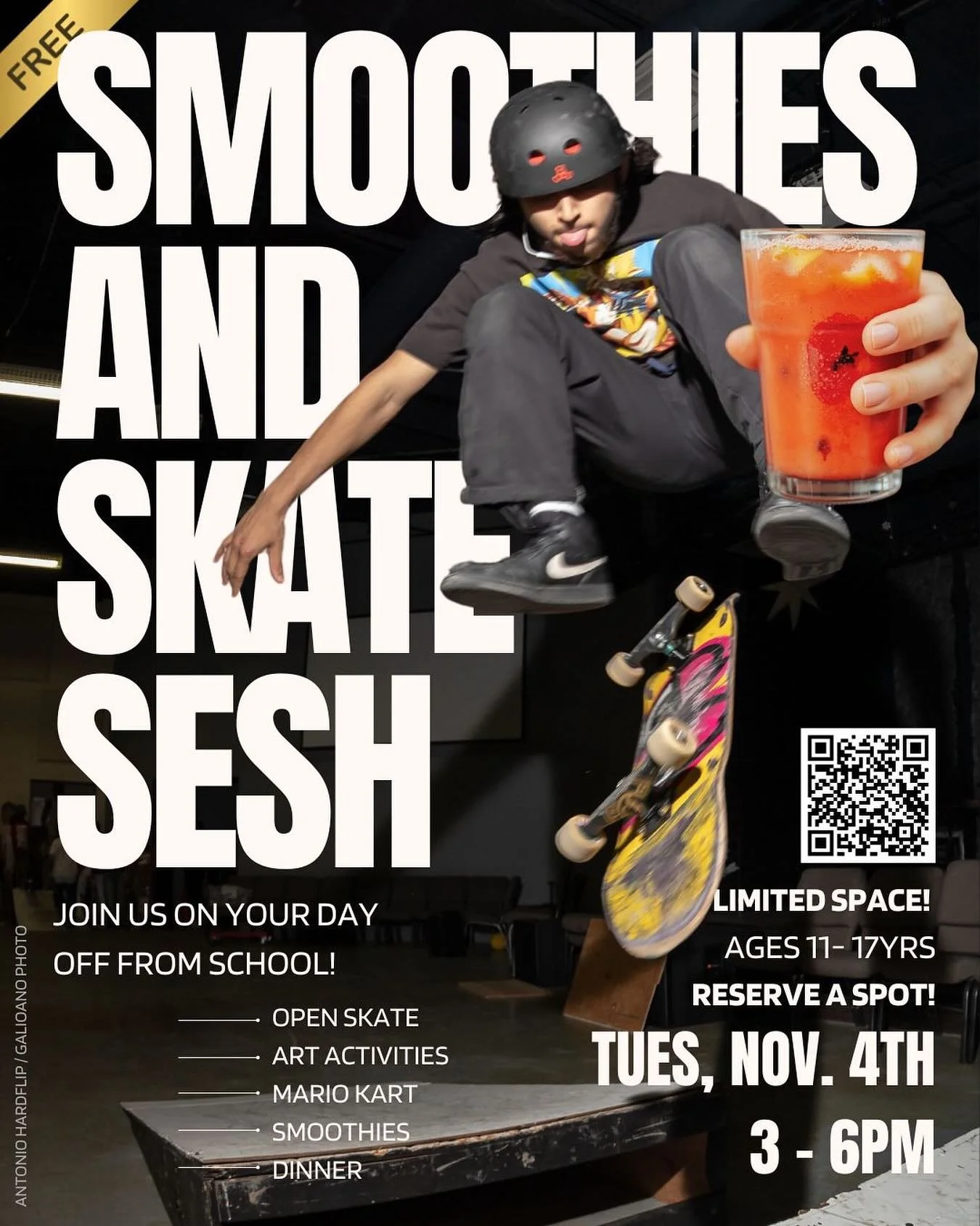 Come join us on your day off from school! Smoothies, open skate, art activities and Mario Kart &mdash; what more could you want?! 

🗓️ When: November 4th, 3-6pm
📍 Where: 39 Governor Street, Paterson 
✍️ How: Register using the link in our bio or se